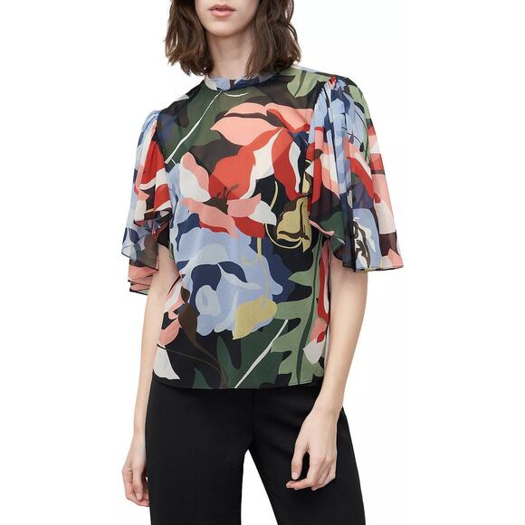 Rebecca Taylor Botanical Garden Mock Neck Blouse Size 2 Black Combo Silk Blend - Picture 12 of 14